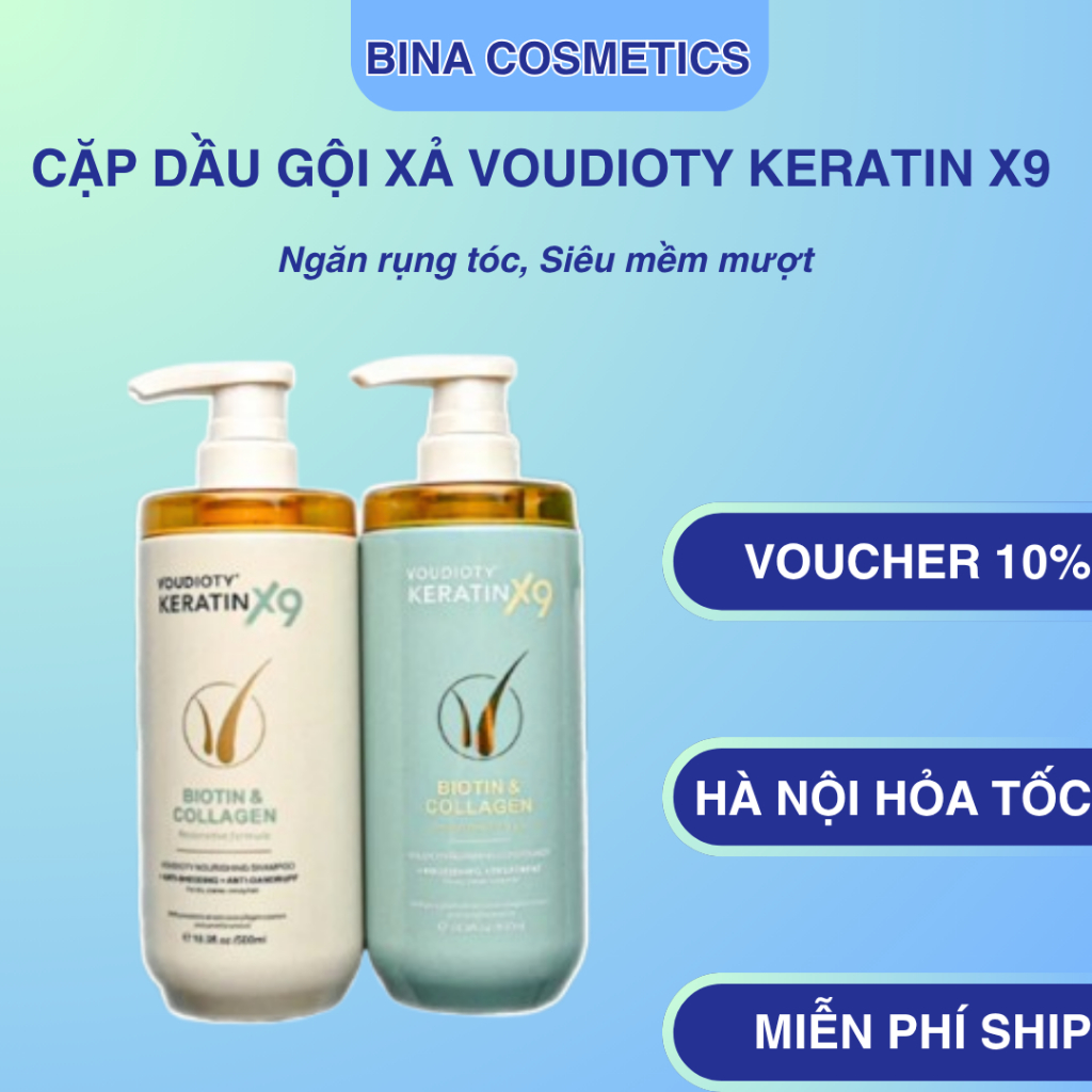  Cặp Dầu Gội Xả Voudioty Biotin Collagen Keratin x9 - Siêu mềm mượt Giảm rụng tóc - 500MlL Chai 