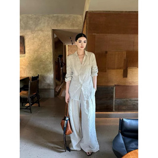 SET LINEN ÁO SƠ MI CỔ V SÂU NẸP BẢN TO MIX QUẦN ỐNG XUÔNG RỘNG DÀI 105CM PHONG CÁCH HÀN QUỐC THANH LỊCH SIÊU SANG