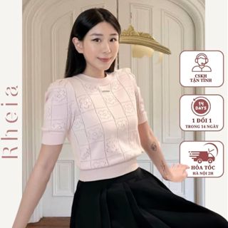 Áo Len Siêu Mỏng Màu Hồng Ngắn Tay Cổ Tròn Vân Hoa Tiểu Thư Rheia