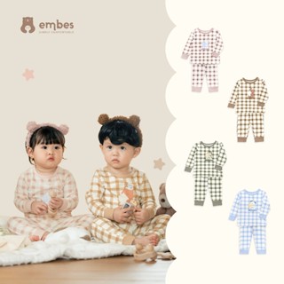 Bộ Quần Áo Dài Tay Embes, Bộ Dài Tay Kẻ Caro Hình In Ngực Chất Cotton Cho Bé Trai Bé Gái Từ 7-18Kg