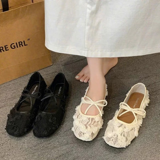 [ Chân Gầy Lùi Size] Giày nữ đế bệt REN HOA trẻ trung 2 màu mới 2025