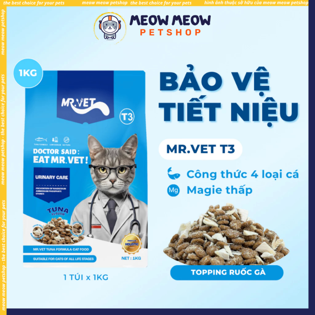 Hạt cho mèo MRVET T3 Túi 1KG Cải Thiện Sức Khoẻ Đường Tiết Niệu Cho Mèo Mọi Lứa Tuổi