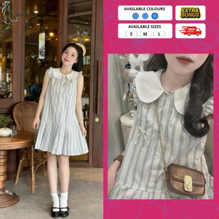  Váy bầu đầm bầu thời trang LAMBIE dáng babydoll kẻ sọc đuôi cá xếp ly phối cổ sen trắng sát nách viền bèo new hot 2024 