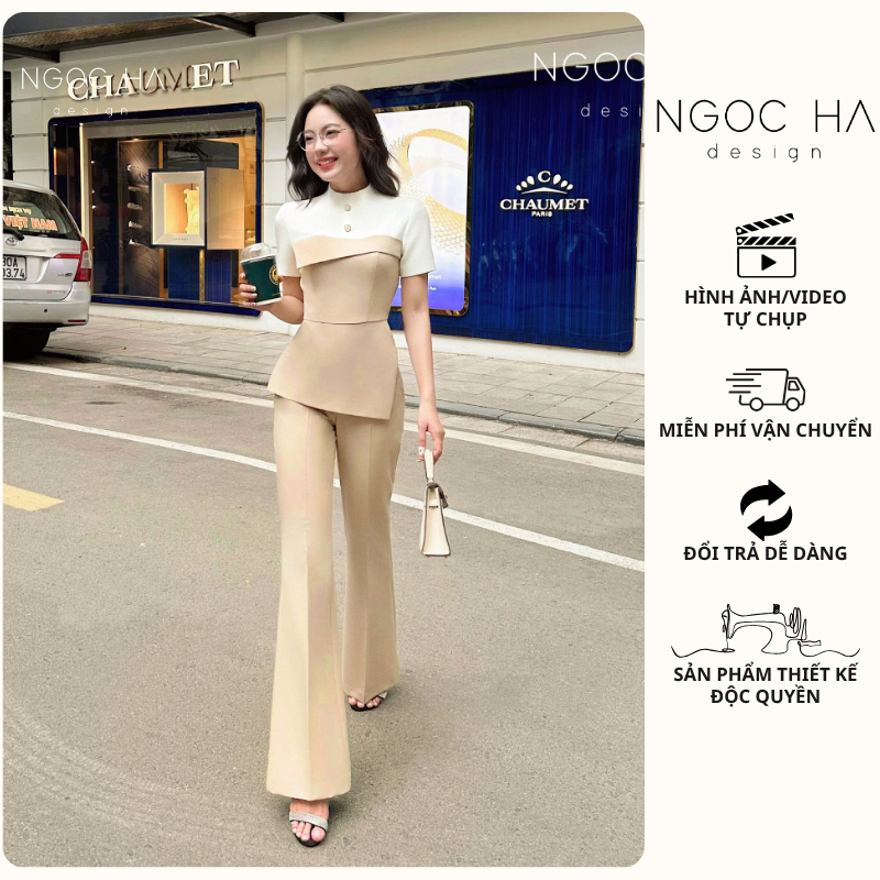 Set Bộ Công Sở Giulia Set_ Set Áo Bee Mix Cổ Trắng Đính Cúc Quần Loe NGOC HA DESIGN BQ014