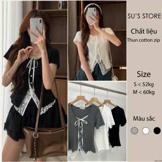 Áo Thun Cúc Dọc Phối Ren Nơ Cổ Susstore A3100 Thời Trang Nữ