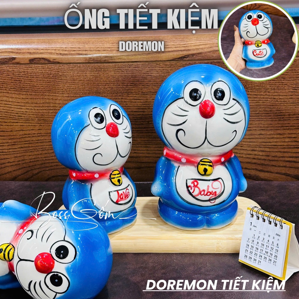Heo đất tiết kiệm, Lợn đất Heo sứ Ống heo tiết kiệm đựng tiền kiểu dáng hình Doremon dễ thương size 