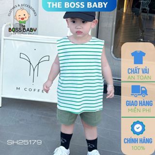 Bộ quần áo sát nách kẻ xanh bé trai - Áo cotton co giãn 4 chiều quần kaki mềm - Thương hiệu The Bos Baby SH25179