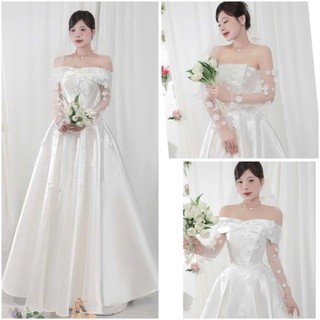 Váy cưới đi bàn cô dâu  2in1 Đầm Cúp + Bẹt Vai Đính Hoa Rơi  full size s/m/l/xl nhận may theo số đo bigsize