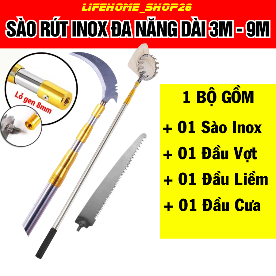 Bộ Sào Inox 304 Đa Năng Rút Gọn Dài 3m Đến 9m – Gồm Liềm, Cưa, Vợt Hái Trái Tiện Lợi Cho Làm Vườn