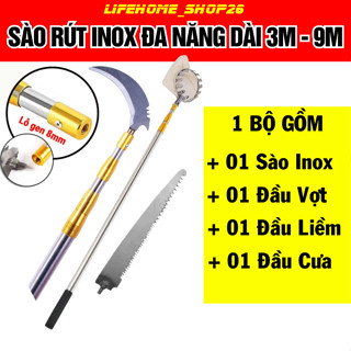 Bộ Sào Inox 304 Đa Năng Rút Gọn Dài 3m Đến 9m – Gồm Liềm, Cưa, Vợt Hái Trái Tiện Lợi Cho Làm Vườn