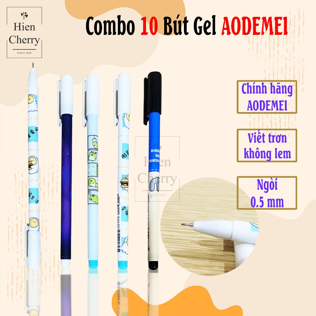 Combo 10 Bút Gel Chính Hãng AODEMEI Ngòi 0.5mm Mực Xanh, viết trơn - Hiền Cherry's Shop