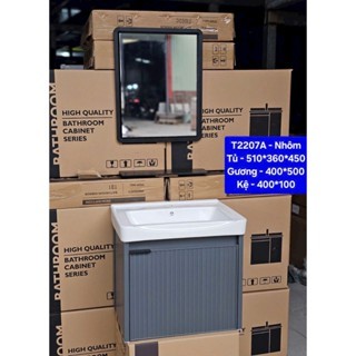 (Mẫu tủ nhôm mới hot nhất) Bộ tủ LAVABO XÁM ĐEN đủ bộ Gương + kệ gương + lavabo + tủ nhôm lavabo.