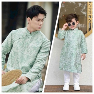 Áo dài đôi bố và bé trai trung thu, Tết 2025 - vải gấm đính cúc thêu cao cấp - màu cốm - áo dài nhà cam - C121
