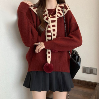 Áo Len Nữ Cổ Thủy Thủ Kèm Khăn Sọc Kẻ Dáng Rộng Hàn Quốc Vintage Phối Quả Bông Dễ Thương