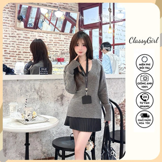  Áo len nữ cổ chữ V màu xám áo len dệt kim trễ vai tôn dáng ôm body phong cách Ulzzang Hàn Quốc 