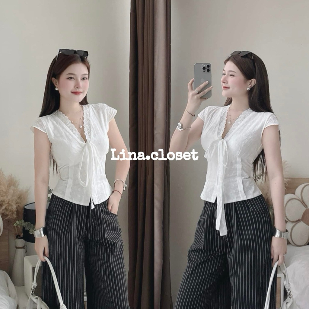 Áo kiểu nữ ren xô boil dáng ôm nữ cổ V thắt nơ ngực tay hến CHEALIN TOP | BigBuy360 - bigbuy360.vn