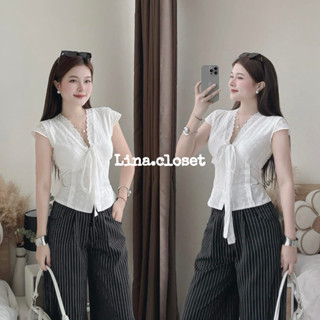 Áo kiểu nữ ren xô boil dáng ôm nữ cổ V thắt nơ ngực tay hến CHEALIN TOP
