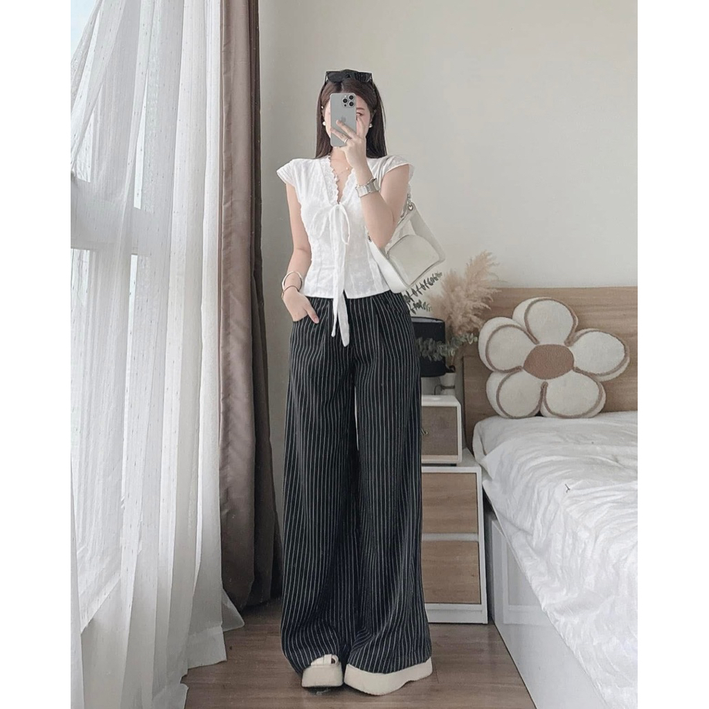 Áo kiểu nữ ren xô boil dáng ôm nữ cổ V thắt nơ ngực tay hến CHEALIN TOP | BigBuy360 - bigbuy360.vn