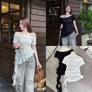 Áo Ren Lưới Trễ Vai Họa Tiết Lá Liễu Bèo Hottrend Tua Rua AH2394