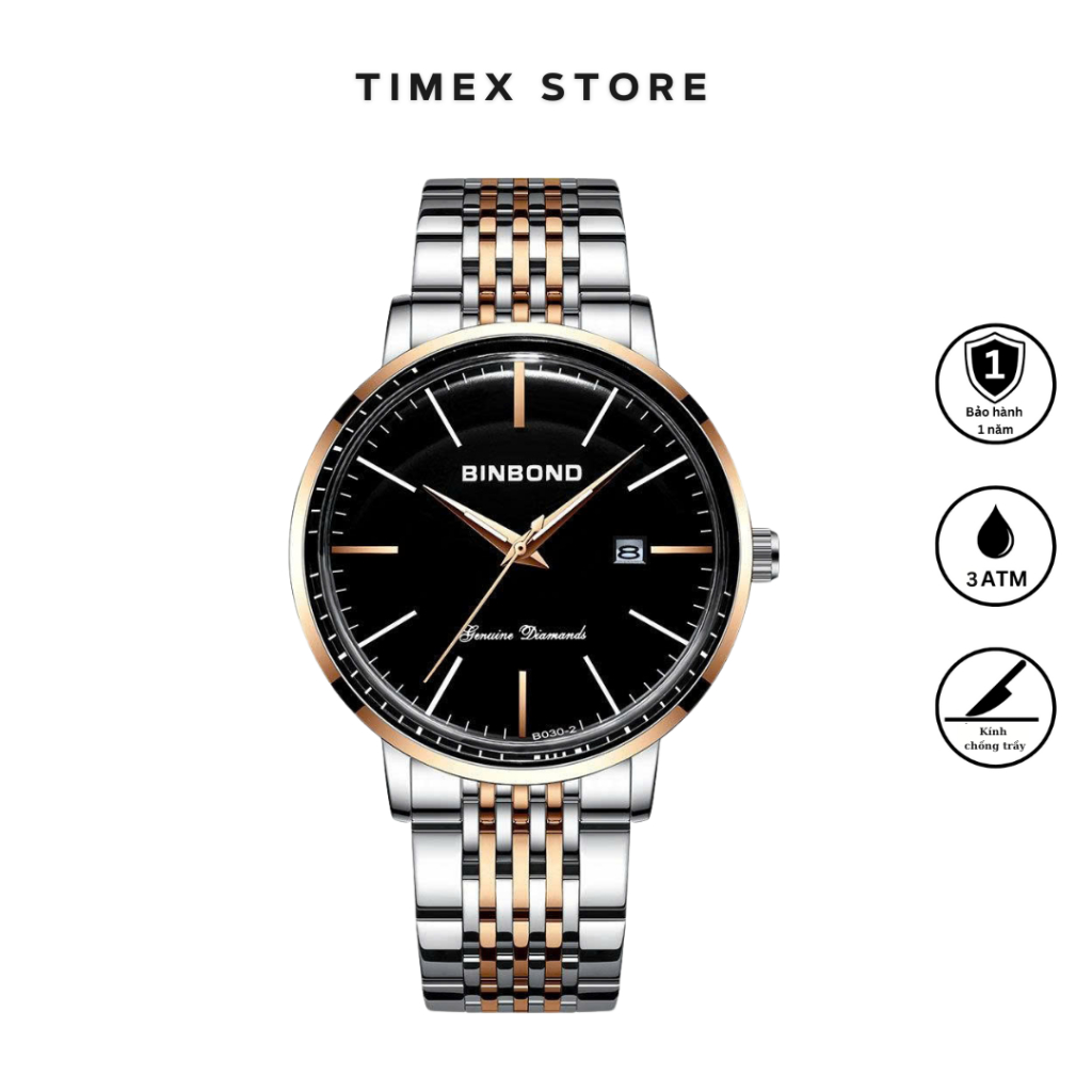 Đồng Hồ Nam Binbond B219 Dây Thép - Màu Bạc/Đen - Máy Quatz - Chống Nước 3 ATM - Bảo Hành 1 Năm