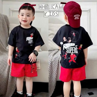 Sét Bộ Siêu Nhân Cho Bé Trai Với Áo Thun Đen In Hình Siêu Anh Hùng Và Quần Ngắn Màu Đỏ 8-20kg