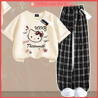  Bộ đồ bé gái siêu xinh áo thun quần caro cá tính chất thun co giãn mát mặc mùa hè size 14-40kg 