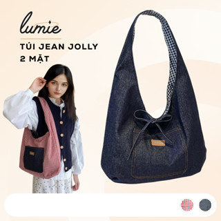  Túi Tote Jolly Vải Jean Denim Phối Caro Thắt Nơ Đeo Vai 2 Mặt Tiện Dụng Hợp Đi Học Đi Làm Đi Chơi 