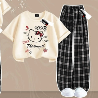  Bộ đồ bé gái cute mùa hè dáng rộng áo thun quần dài kẻ caro vải thun cotton co giãn size 14-40kg 