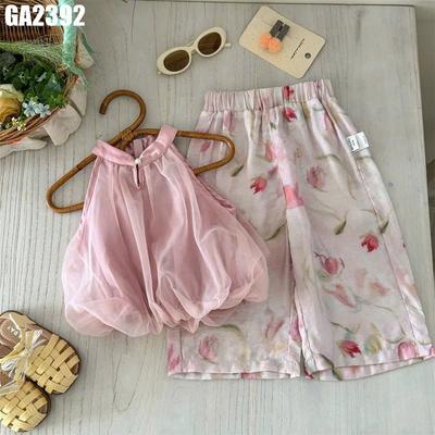 Set Bộ Áo Cổ Yếm Voan Quần Lửng Họa Tiết Hoa Cho Bé Gái 1-8 Tuổi MINTSCLOSET Quảng Châu - GA2392
