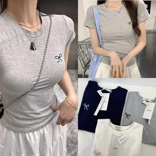 Áo thun nữ ôm body thêu nơ,áo phông form fit nhún eo màu xám chất thun tăm co giãn tôn dáng phong cách Hàn