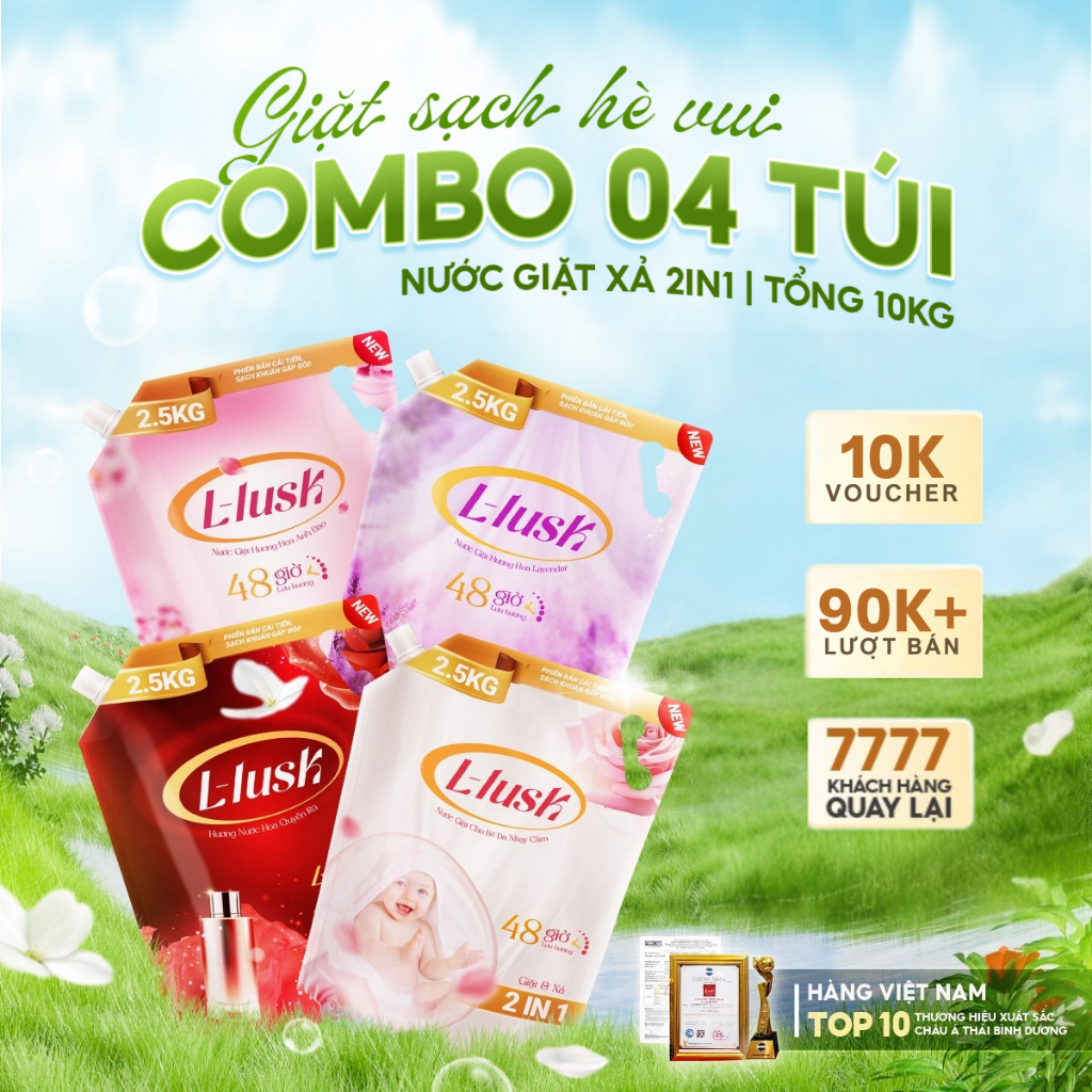 [COMBO 4 TÚI 2.5KG TỔNG 10KG] Combo 4 Túi Nước Giặt Xả 2in1 L-lusk (2,5kg) Nhiều Mùi Hương-////Lưu hương 48h