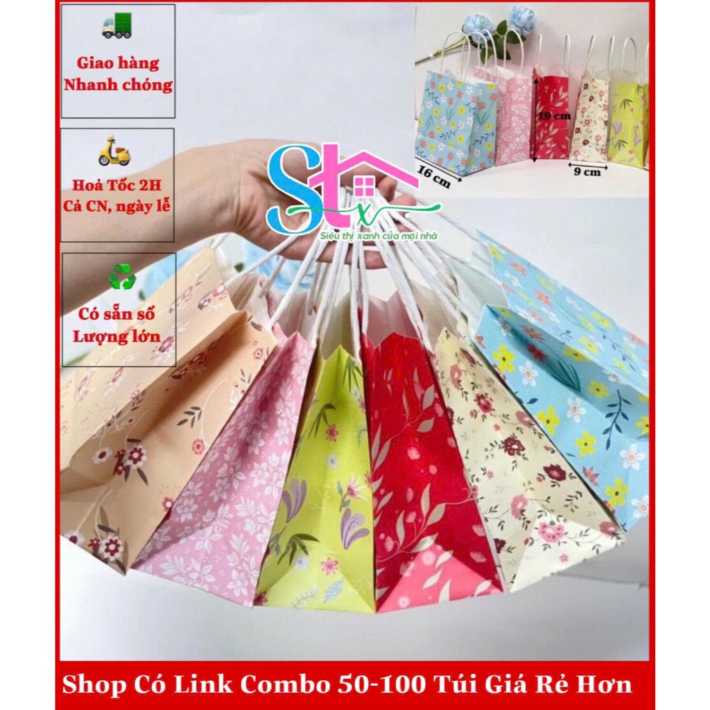 Combo 10 túi giấy kraft có quai nhiều màu sắc, túi kraft họa tiết dễ thương, túi đựng quà mini