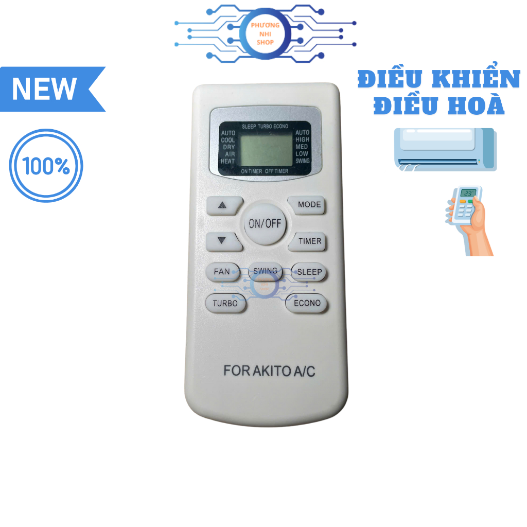 Remote máy lạnh Akito sử dụng cho điều hoà Sunhouse, điều khiển điều hoà Akito mã 02 - Tặng kèm pin