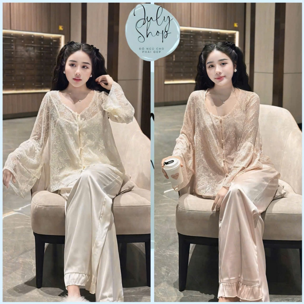 Đồ Ngủ Nữ, Đồ Bộ Tiểu Thư JULY Set 3 Món Áo Ren Cúc Ngọc Quần Dài Lụa Latin Mềm Mịn Freesize