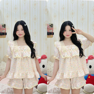 Bộ  ngủ nữ tiểu thư cổ vuông vải đũi mùa hè mặc đi ngủ mát mẻ thoải mái Women Quần Ngủ Áo Ngủ Cotton