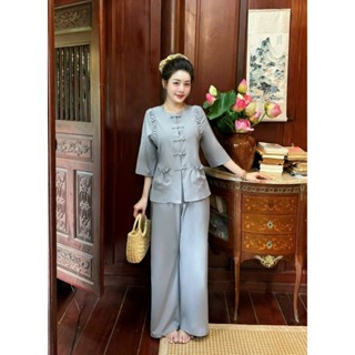 Ms18 Set đồ lam đi chùa túi tiền vải nhuyễn  Bộ đi chùa nữ cổ tròn cúc đũa Pháp phục cách tân tay lỡ