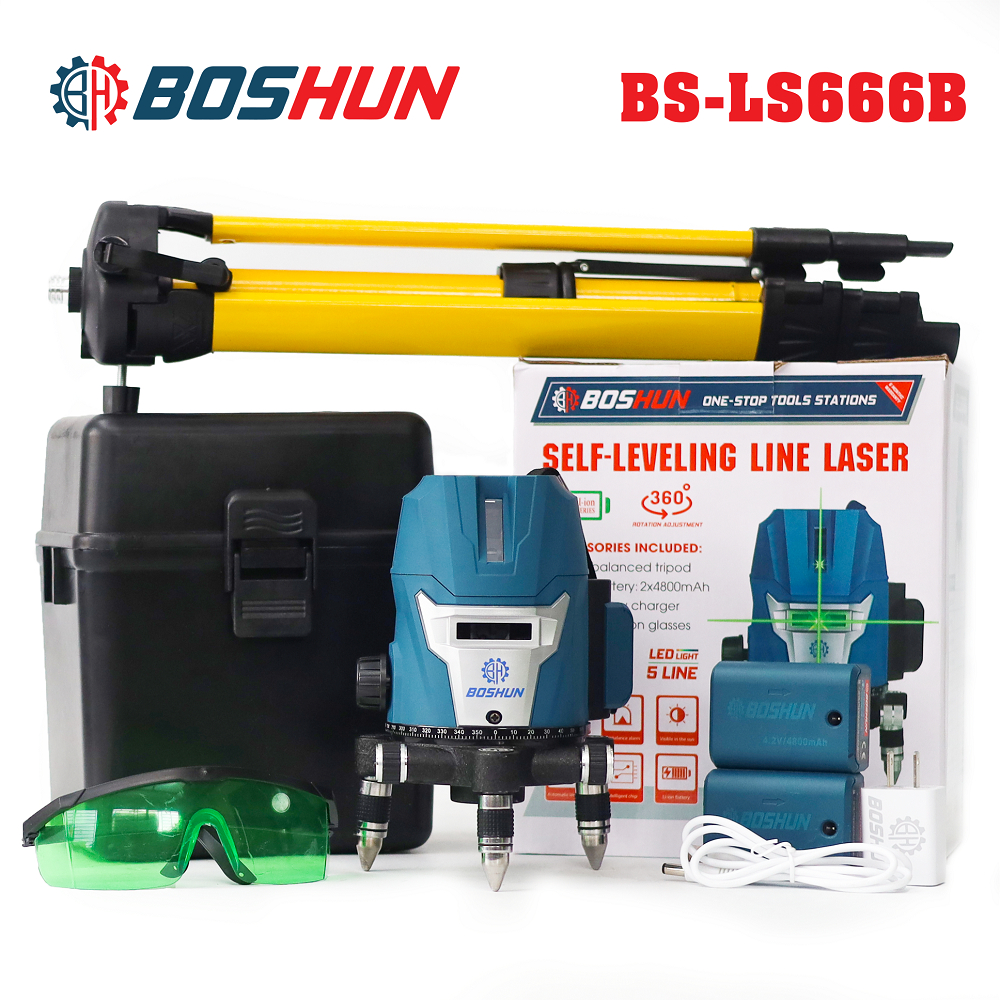 Máy Cân Bằng Laser 5 Tia Xanh Boshun BS-LS666B, Độ Chính Xác Cao, 2 Pin 4800mAh, Đèn Led Siêu Sáng