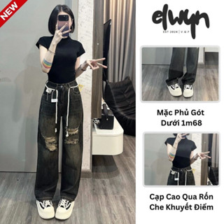 Quần jean nữ rách gối ELWYN (tặng kèm dây) quần ống suông màu đen ánh rêu size S M L 8841