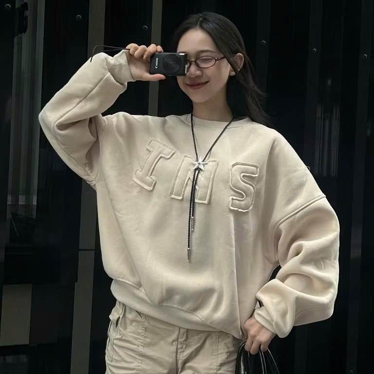 Áo nỉ cổ tròn sweater in chữ nổi INS ao nữ nam chất nỉ pe form rộng size 35-75kg L1