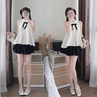  Set Váy Áo Yếm Cổ Lọ Chấm Bi Kết Nơ Xinh Xắn Kèm Chân Váy Dáng Bí Có Lót Quần Sang Chảnh Cho Nữ 