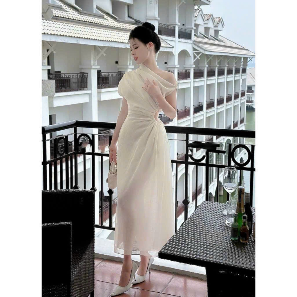 Váy thiết kế HYNA lệch vai dự tiệc tiểu thư dáng dài sang trọng-quyến rủ đầm trắng mặc đi đám cưới,d