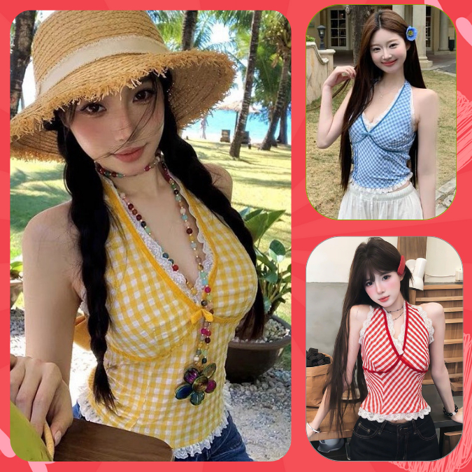 [HÀNG QCCC CÓ MÚT] Áo yếm croptop áo kiểu cho nữ áo sát nách áo quây họa tiết caro nổi bật hở lưng vintage AT34