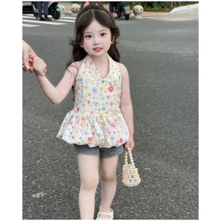 Bộ quần áo bé gái- Set bộ đồ cao cấp quần jean áo xẻ ngực tà áo phồng cho bé từ 1 tuổi đến 5 tuổi