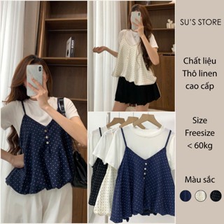 Set Yếm Nữ 2 Dây Chấm Bi Dáng Bí Cúc Dọc Kèm Áo Thun Trơn (Có Bán Lẻ) Susstore S807 Thời Trang Nữ