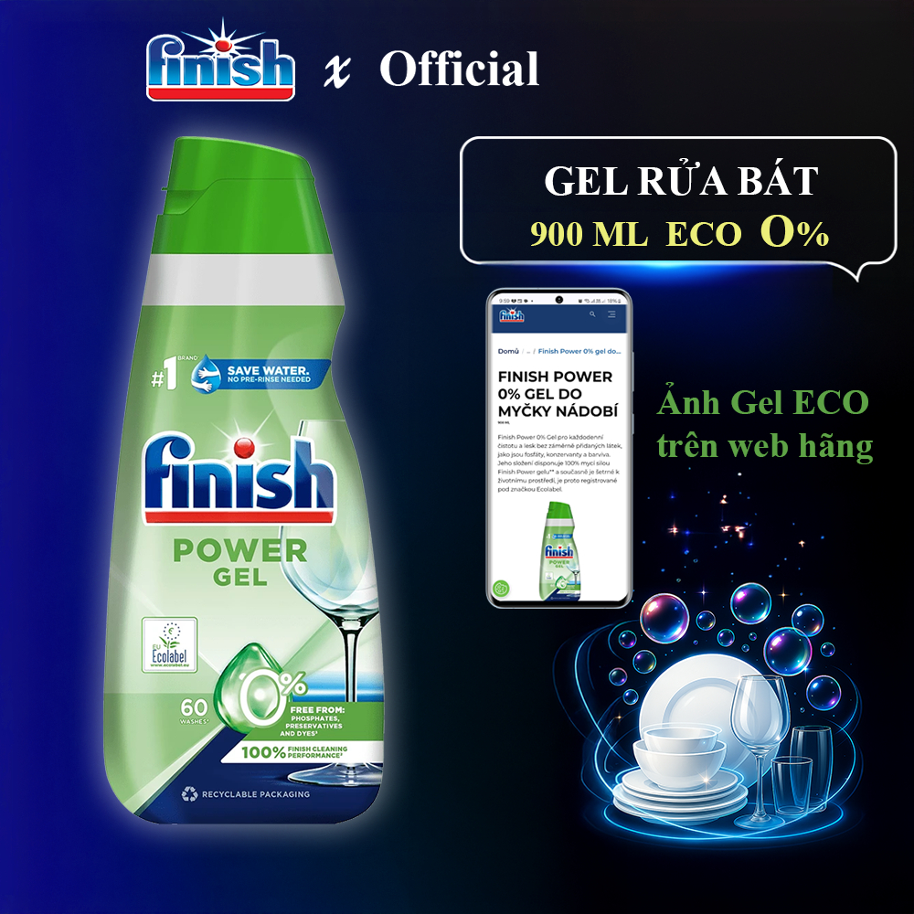 Gel Finish Hữu Cơ Cho Máy Rửa Chén Bát -  Finish Gel Eco 0% 900ml Không Hóa Chất Nhập Khẩu Châu Âu, Dùng kèm Bóng 400ml