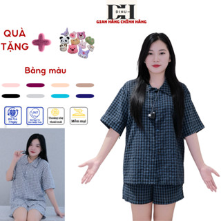 Bộ đồ nữ mặc nhà DiHU, sét đồ ngủ nữ đũi nhăn cotton xốp kẻ caro đi dạo đi chơi có big size