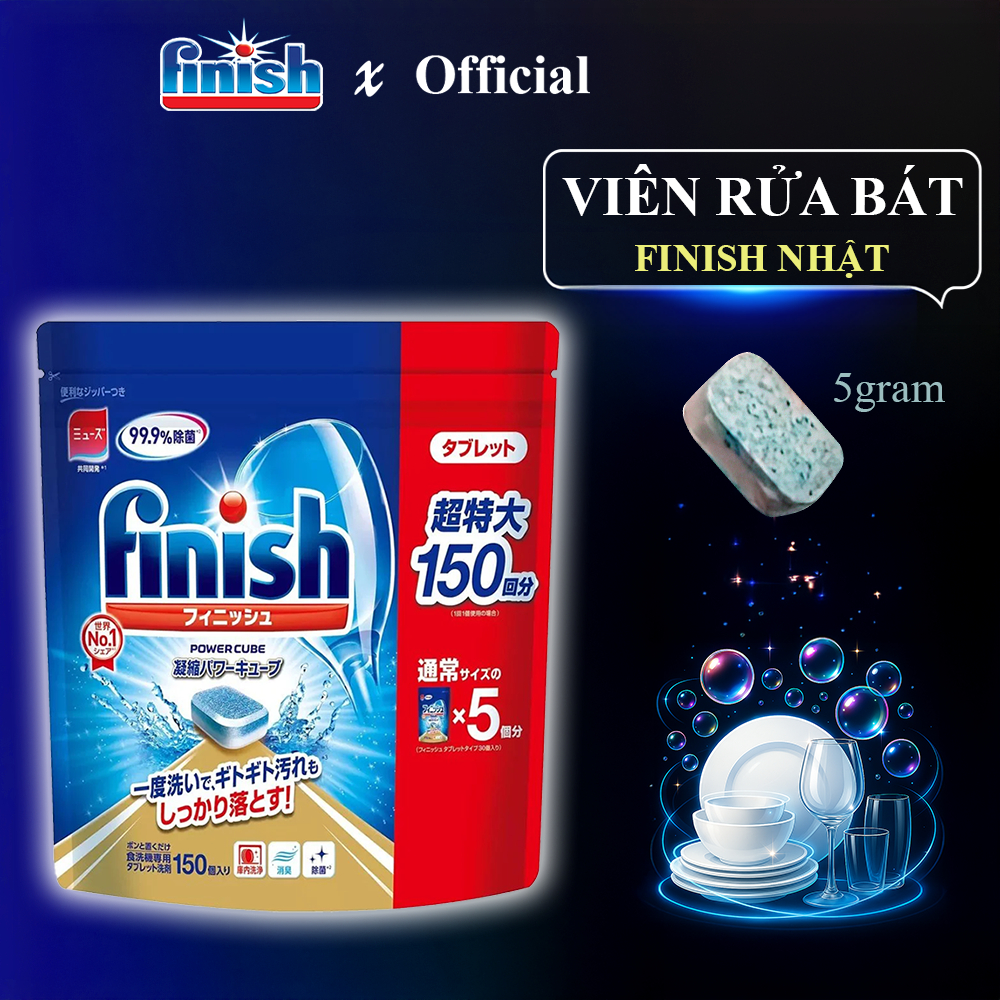 Viên rửa chén bát Finish Nhật power cube túi 150 viên tiết kiệm và làm sạch hiệu quả