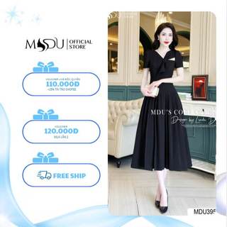 Váy Mango Ý K55-D2-3 MDU3950 Gam Đen Basic Cut-out Trước Ngực Dáng Xòe Xếp Ly Từ MDU