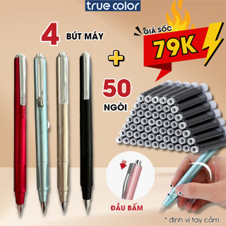 COMBO 4 Bút Máy + 50 Ống Mực - Bút Viết Học Sinh, Văn Phòng Phẩm Ngòi EF Cao Cấp Luyện Chữ Đẹp 3 Màu Mực Đen/Xanh/Tím