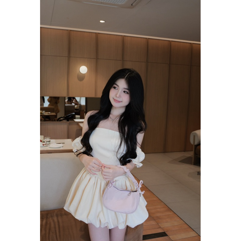 Váy phồng bí tay trễ vai màu vàng pastel - Belle Dress - APRILLE